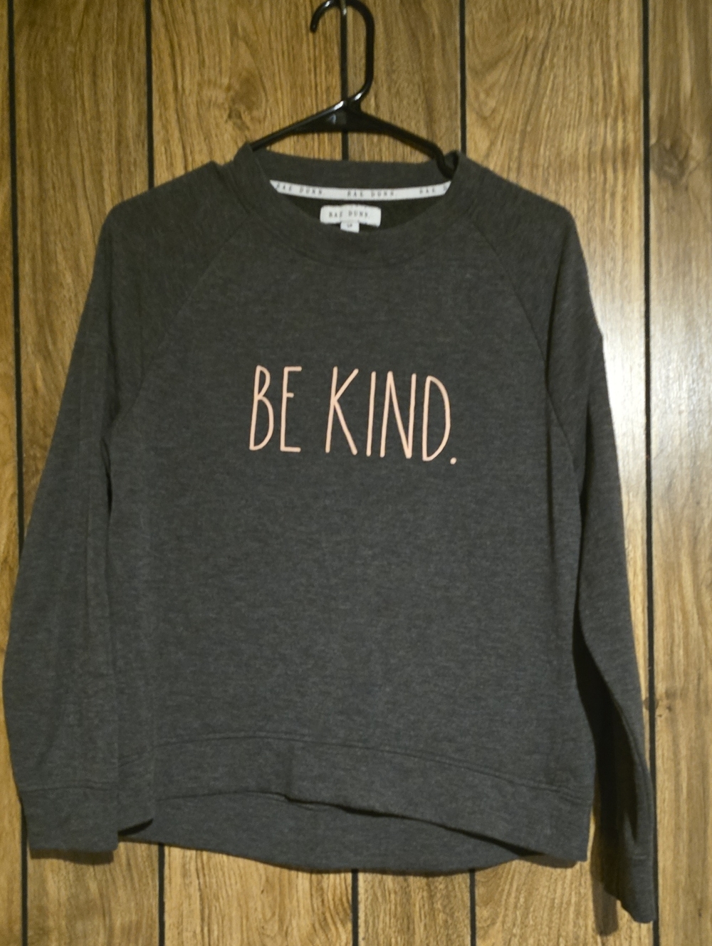 Rae Dunn Charcoal Gray Sweatshirt with Pink "BE KIND." Text